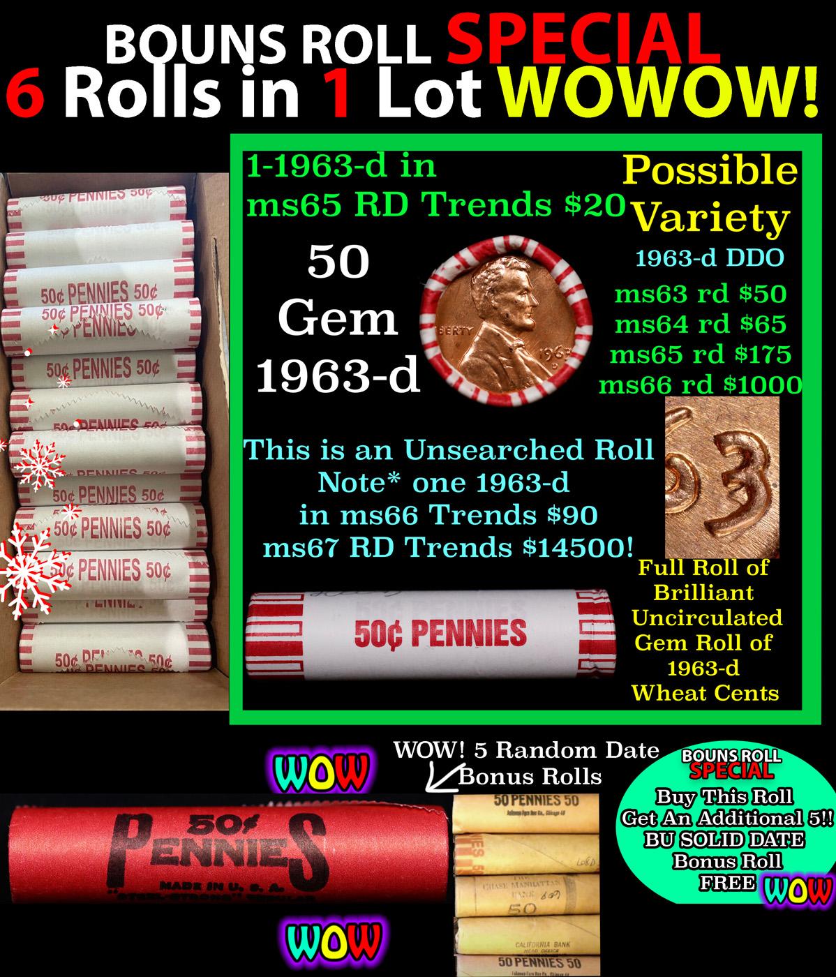 THIS AUCTION ONLY! BU Shotgun Lincoln 1c roll, 1963-d 50 pcs Plus FIVE bonus random date BU roll! Ba