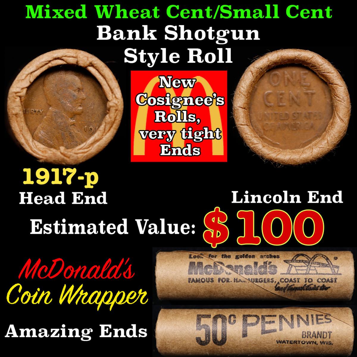 Lincoln Wheat Cent 1c Mixed Roll Orig Brandt McDonalds Wrapper, 1917-p end, Wheat other end