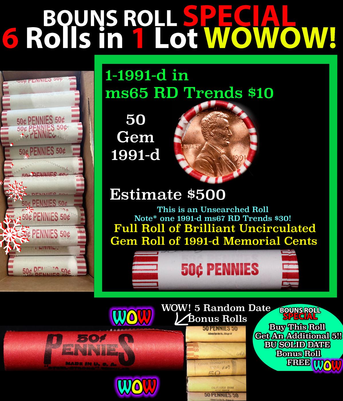 THIS AUCTION ONLY! BU Shotgun Lincoln 1c roll, 1991-d 50 pcs Plus FIVE bonus random date BU roll! Ba