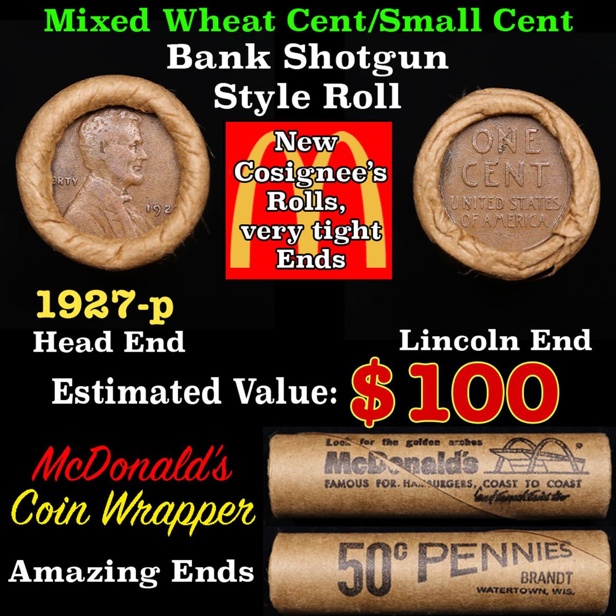 Lincoln Wheat Cent 1c Mixed Roll Orig Brandt McDonalds Wrapper, 1927-p end, Wheat other end