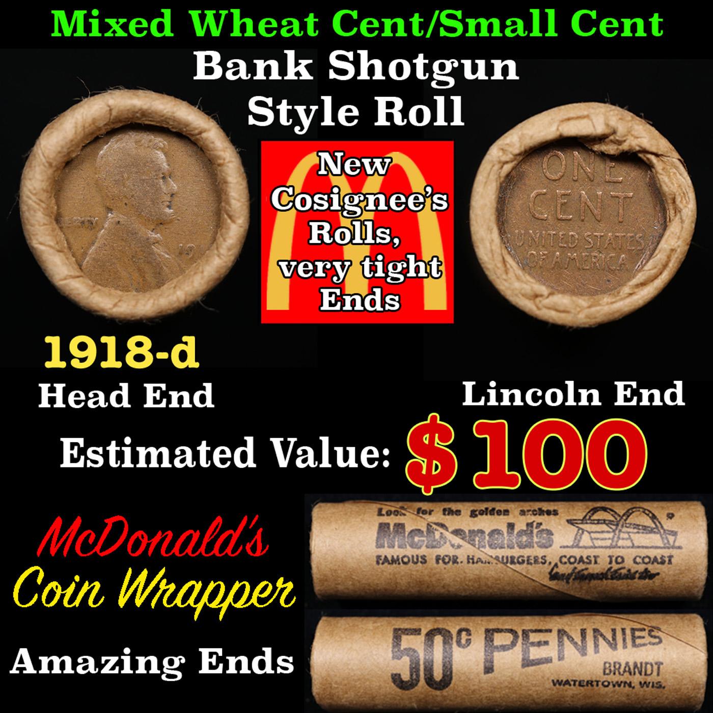 Lincoln Wheat Cent 1c Mixed Roll Orig Brandt McDonalds Wrapper, 1918-d end, Wheat other end