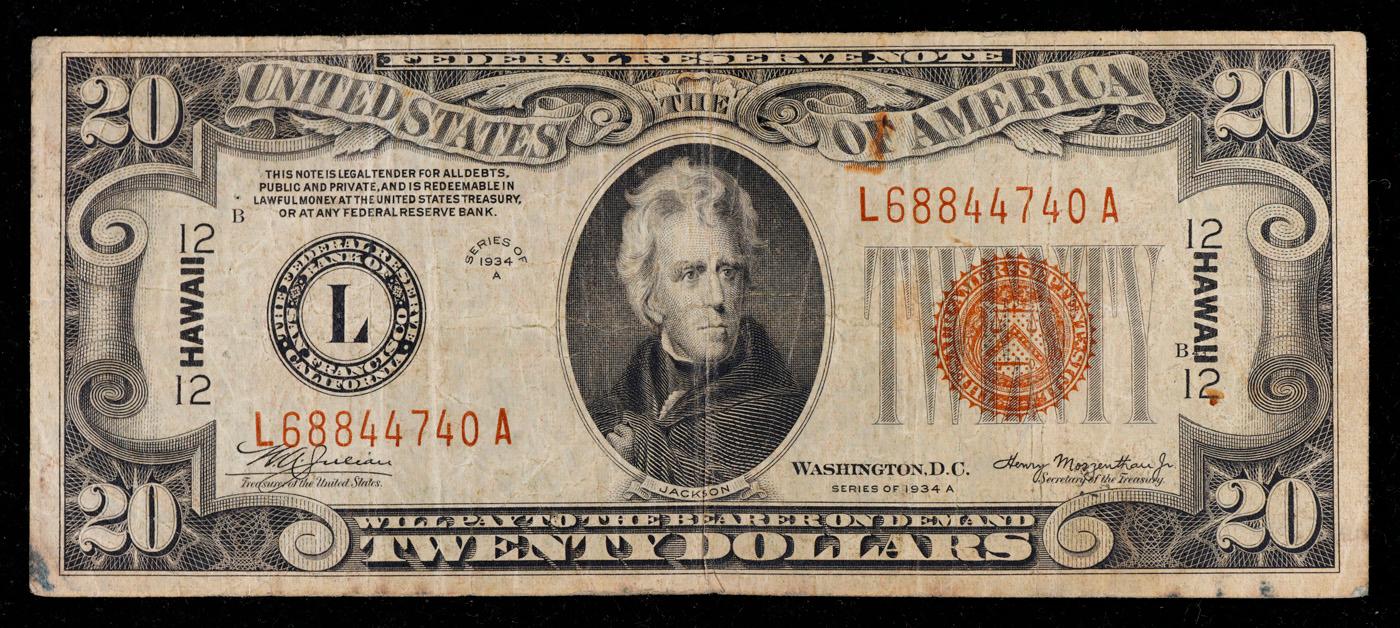 1934A $10 FRN Hawaii WWII Emergency Currency Grades vf+