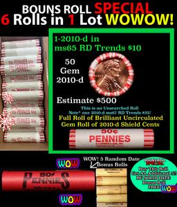 THIS AUCTION ONLY! BU Shotgun Lincoln 1c roll, 2010-d 50 pcs Plus FIVE bonus random date BU roll! Ba