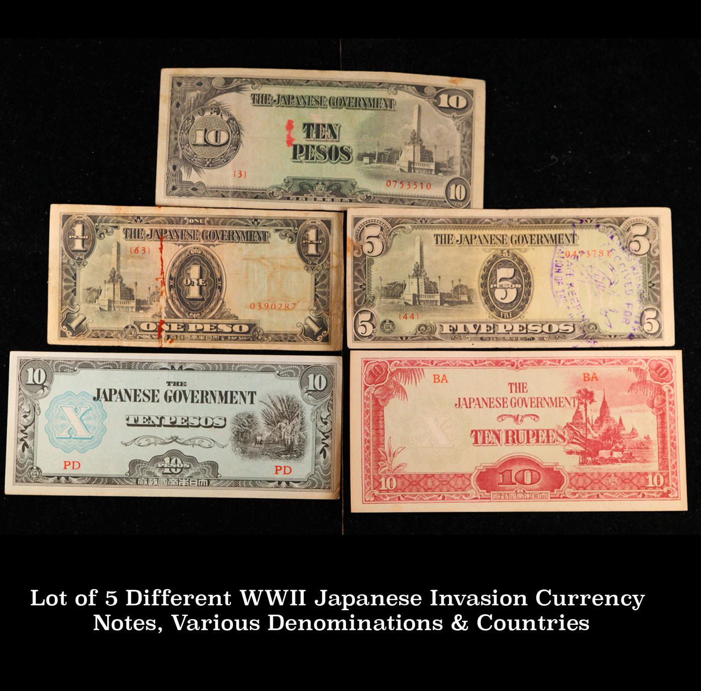 Lot of 5 Different WWII Japanese Invasion Currency Notes, Various Denominations & Countries