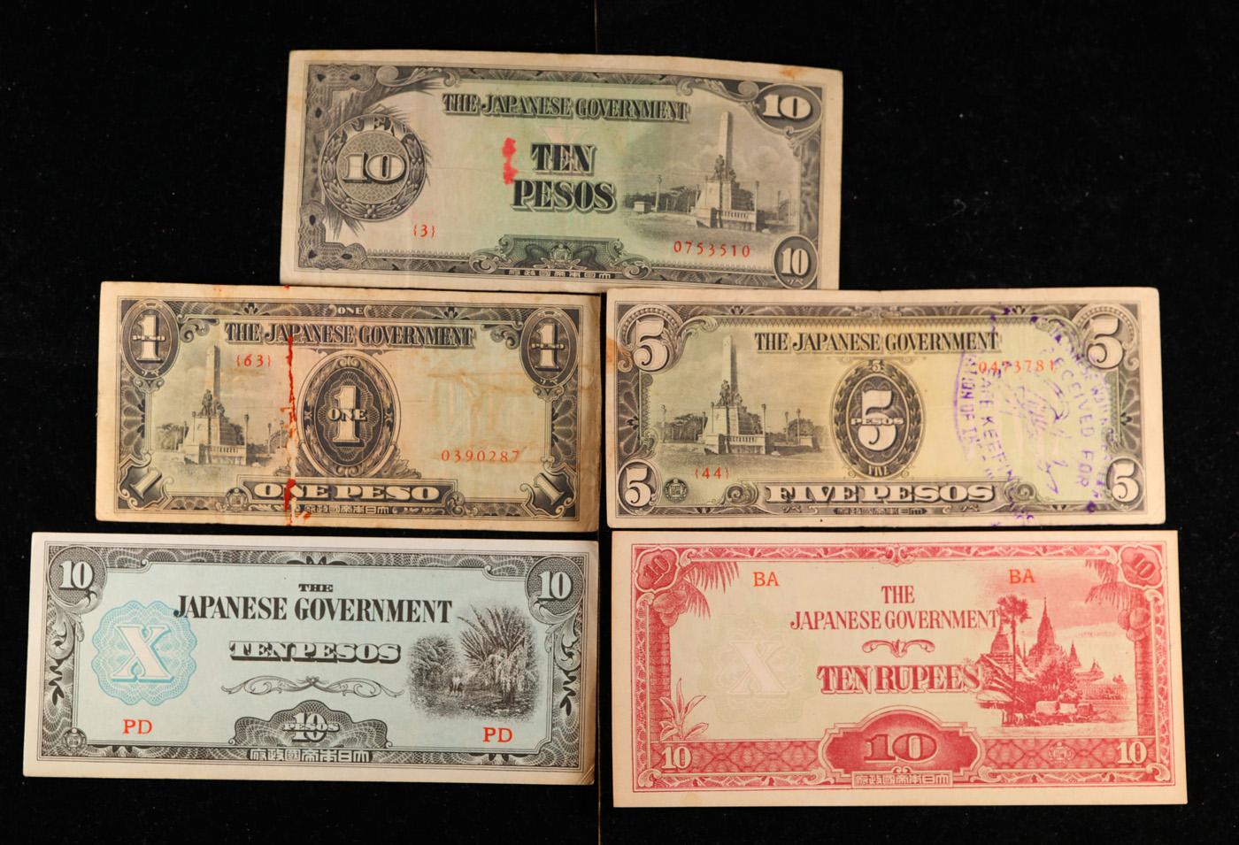 Lot of 5 Different WWII Japanese Invasion Currency Notes, Various Denominations & Countries
