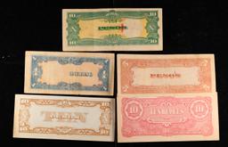 Lot of 5 Different WWII Japanese Invasion Currency Notes, Various Denominations & Countries