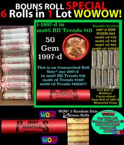 THIS AUCTION ONLY! BU Shotgun Lincoln 1c roll, 1997-d 50 pcs Plus FIVE bonus random date BU roll! Ba