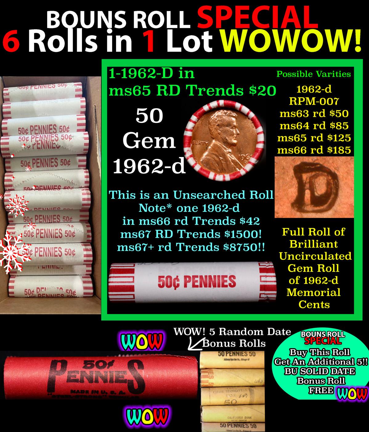 THIS AUCTION ONLY! BU Shotgun Lincoln 1c roll, 1962-d 50 pcs Plus FIVE bonus random date BU roll! Ba