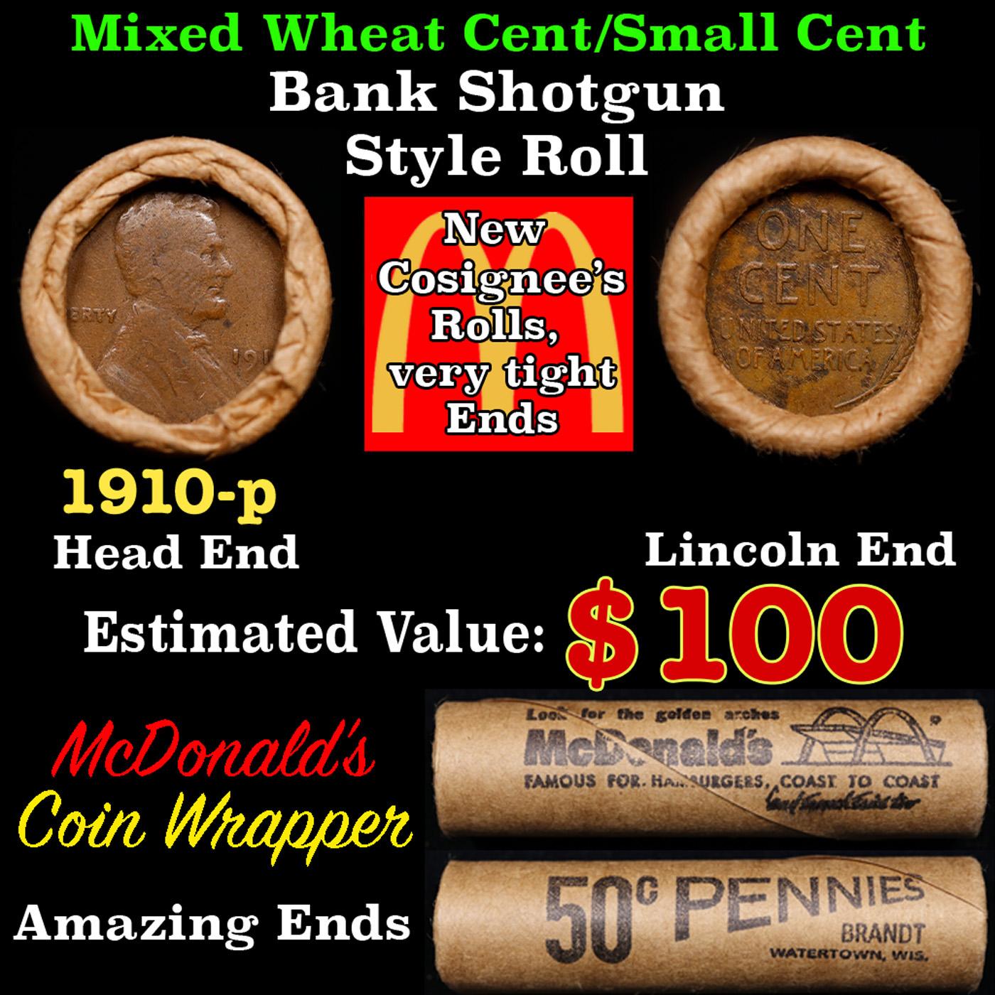 Lincoln Wheat Cent 1c Mixed Roll Orig Brandt McDonalds Wrapper, 1910-p end, Wheat other end