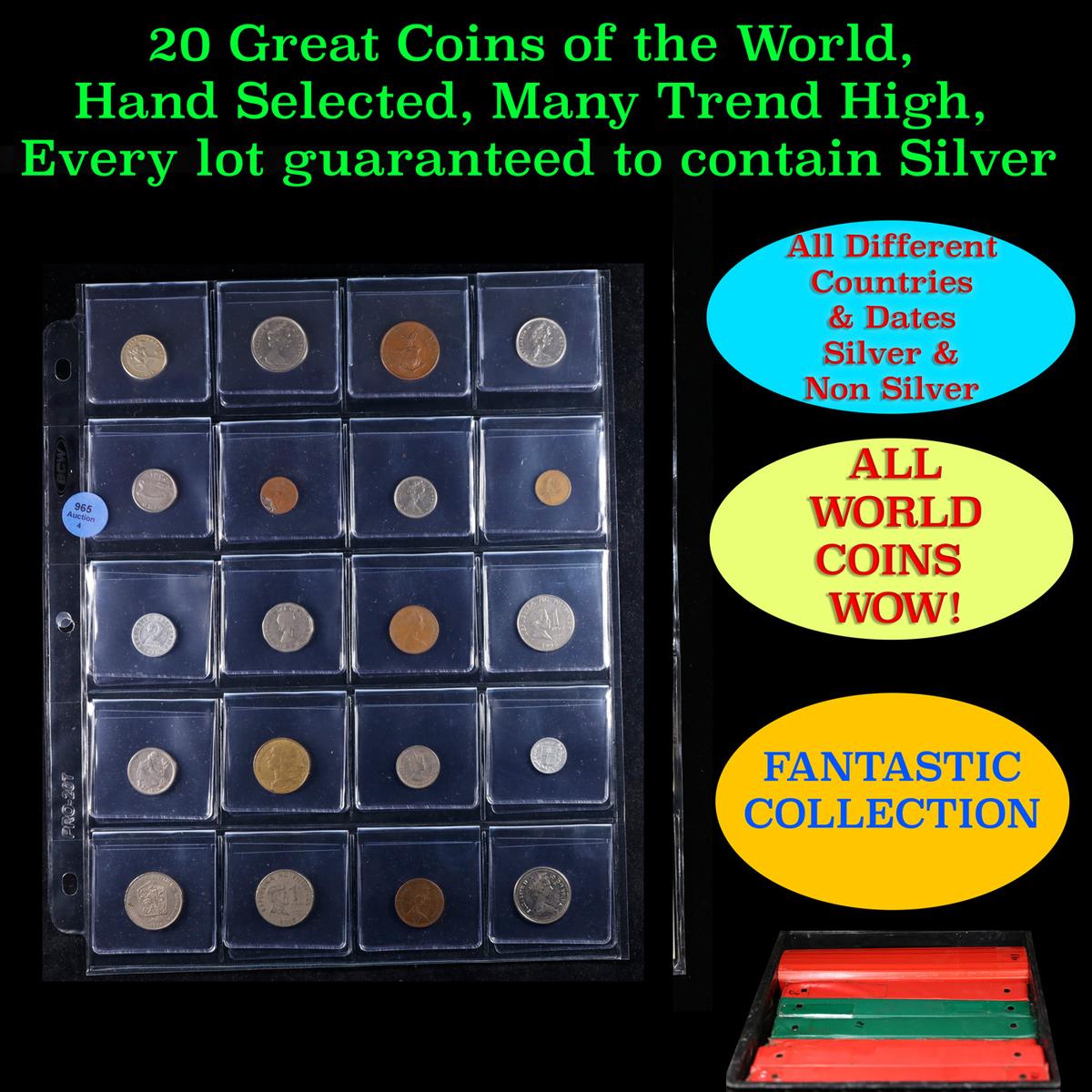 20 Great Coins of the World, hand selected, many trend high, every lot guaranteed to contain Silver.