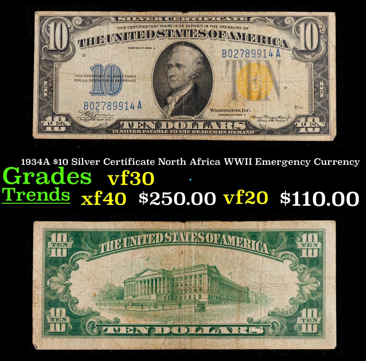 1934A $10 Silver Certificate North Africa WWII Emergency Currency Grades vf++