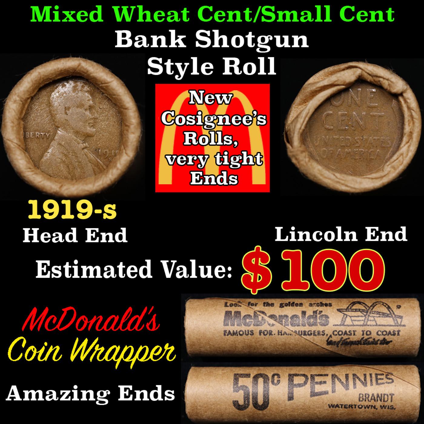 Lincoln Wheat Cent 1c Mixed Roll Orig Brandt McDonalds Wrapper, 1919-s end, Wheat other end