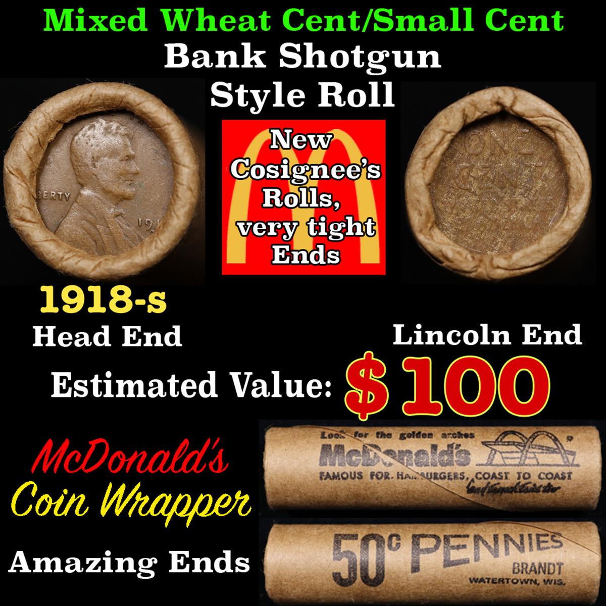 Lincoln Wheat Cent 1c Mixed Roll Orig Brandt McDonalds Wrapper, 1918-s end, Wheat other end