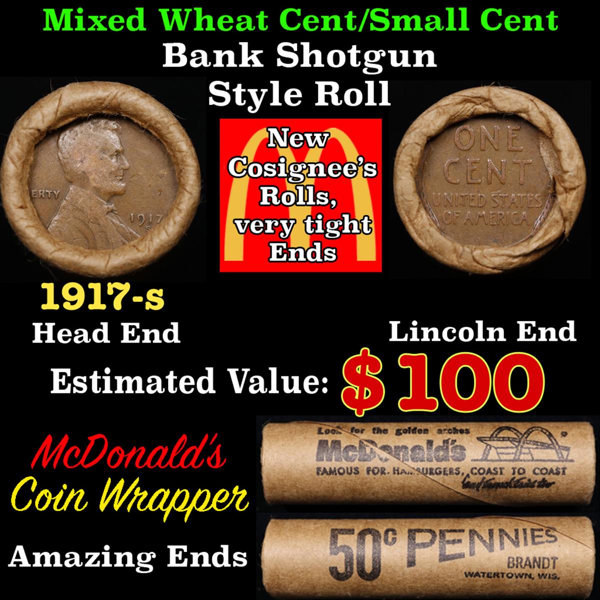 Lincoln Wheat Cent 1c Mixed Roll Orig Brandt McDonalds Wrapper, 1917-s end, Wheat other end