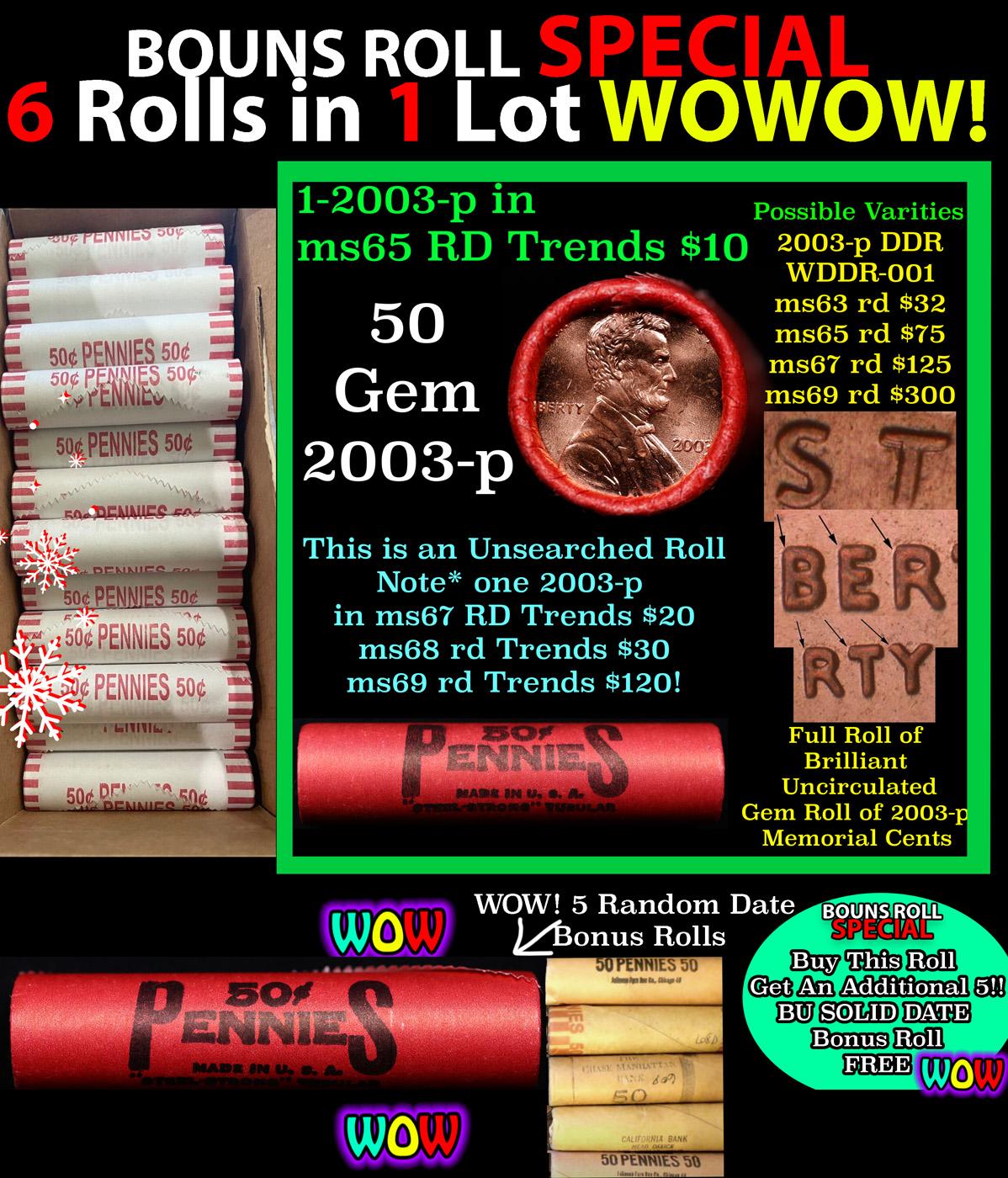 THIS AUCTION ONLY! BU Shotgun Lincoln 1c roll, 2003-p 50 pcs Plus FIVE bonus random date BU roll! Ba