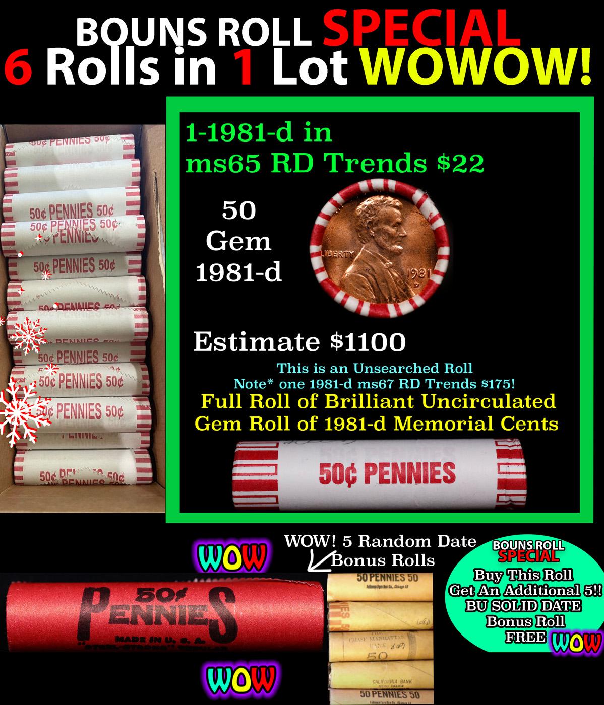 THIS AUCTION ONLY! BU Shotgun Lincoln 1c roll, 1981-d 50 pcs Plus FIVE bonus random date BU roll! Ba