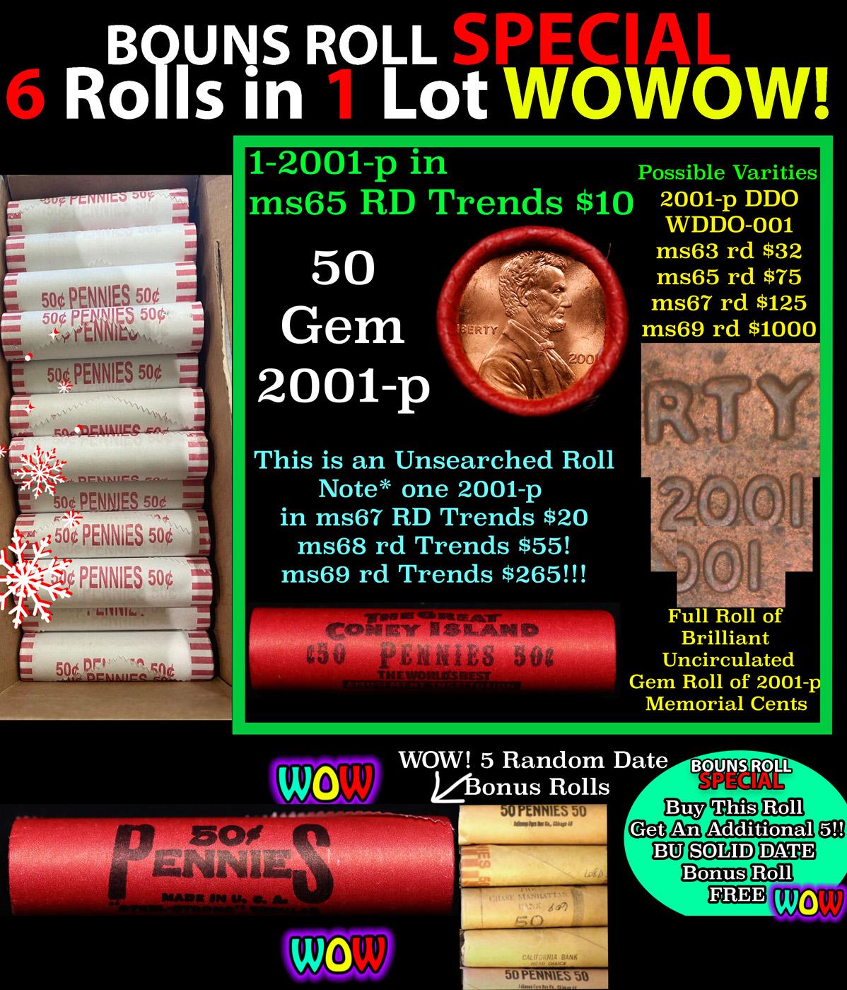 THIS AUCTION ONLY! BU Shotgun Lincoln 1c roll, 2001-p 50 pcs Plus THREE bonus random date BU roll! B