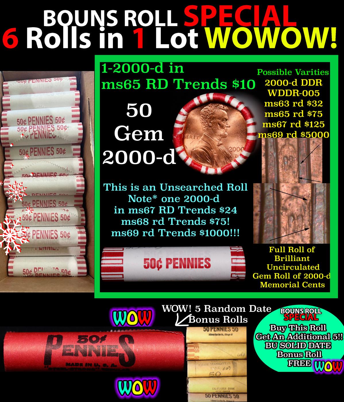 THIS AUCTION ONLY! BU Shotgun Lincoln 1c roll, 2000-d 50 pcs Plus FIVE bonus random date BU roll! Ba