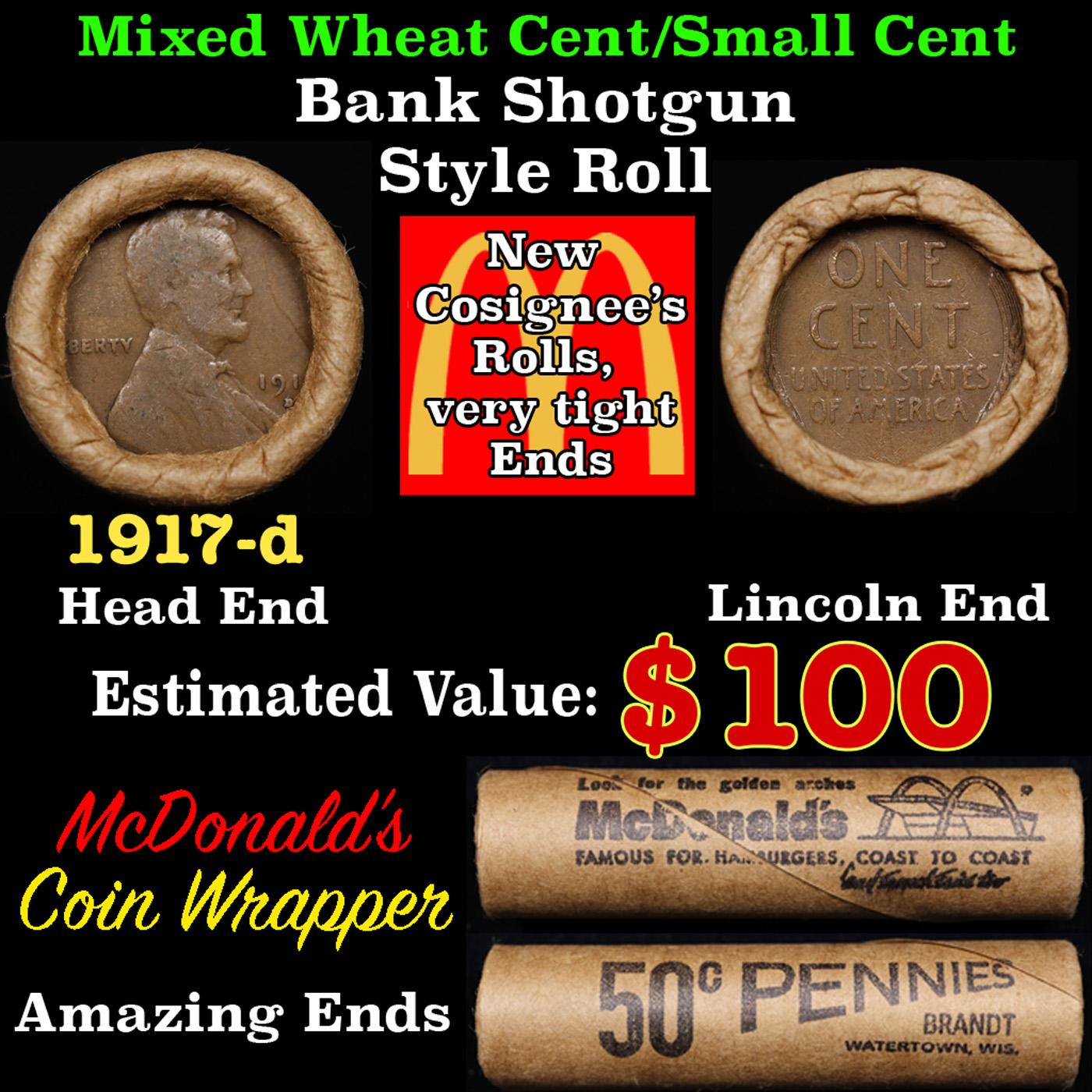 Lincoln Wheat Cent 1c Mixed Roll Orig Brandt McDonalds Wrapper, 1917-d end, Wheat other end