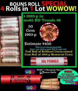 THIS AUCTION ONLY! BU Shotgun Lincoln 1c roll, 1993-p 50 pcs Plus THREE bonus random date BU roll! B