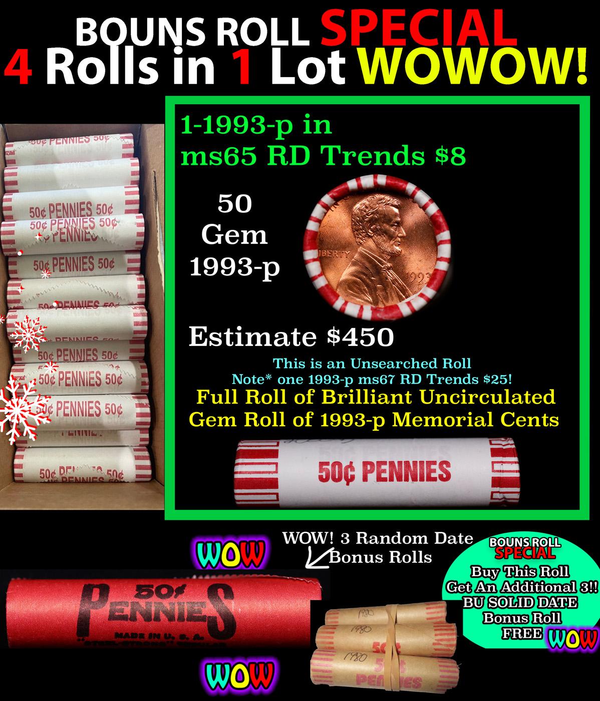 THIS AUCTION ONLY! BU Shotgun Lincoln 1c roll, 1993-p 50 pcs Plus THREE bonus random date BU roll! B