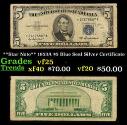 **Star Note** 1953A $5 Blue Seal Silver Certificate Grades vf+