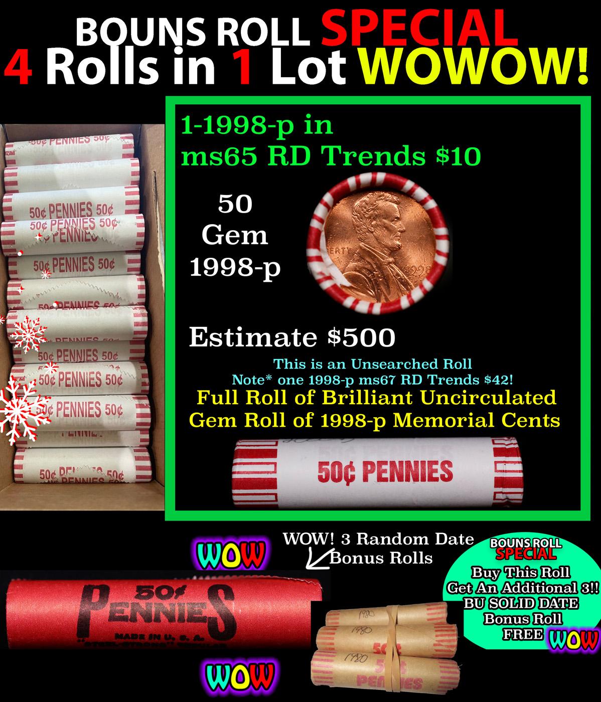 THIS AUCTION ONLY! BU Shotgun Lincoln 1c roll, 1998-p 50 pcs Plus THREE bonus random date BU roll! B