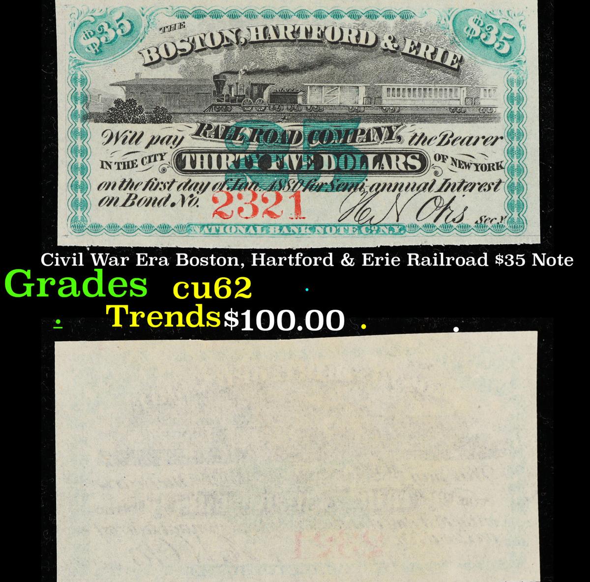 Civil War Era Boston, Hartford & Erie Railroad $35 Note Grades Select CU