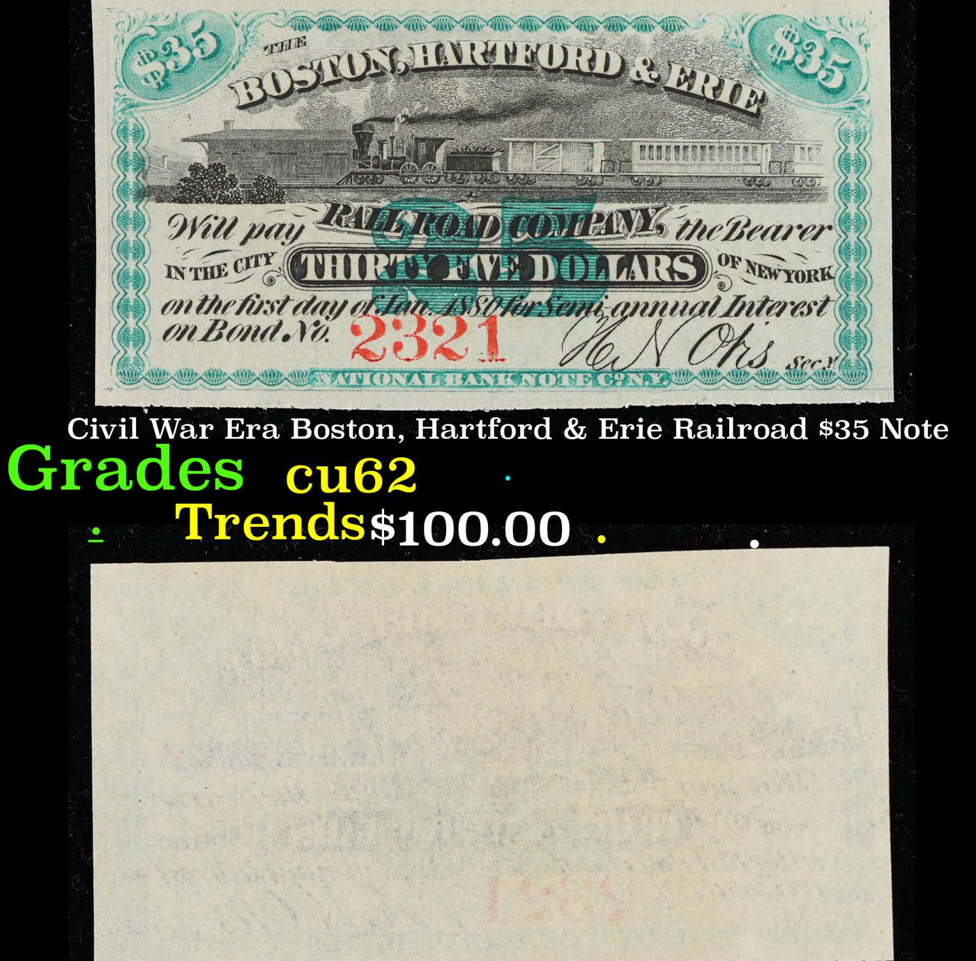 Civil War Era Boston, Hartford & Erie Railroad $35 Note Grades Select CU