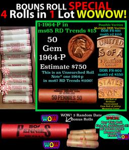 THIS AUCTION ONLY! BU Shotgun Lincoln 1c roll, 1964-p 50 pcs Plus THREE bonus random date BU roll! B