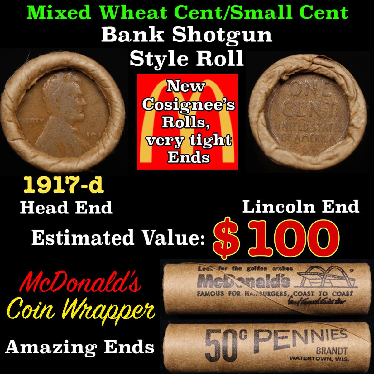 Lincoln Wheat Cent 1c Mixed Roll Orig Brandt McDonalds Wrapper, 1917-d end, Wheat other end