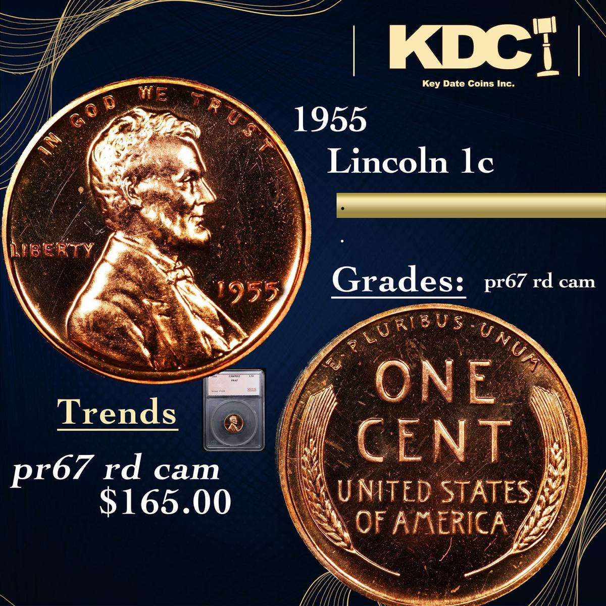 Proof 1955 Lincoln Cent 1c Graded pr67 rd cam BY SEGS