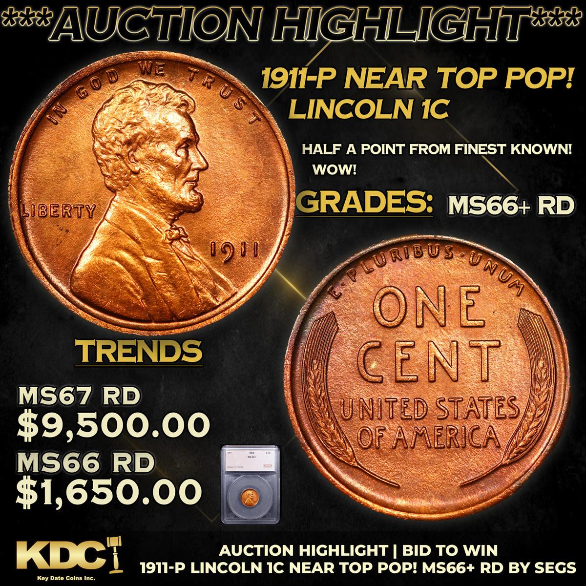 ***Auction Highlight*** 1911-p Lincoln Cent Near Top Pop! 1c Graded ms66+ rd By SEGS (fc)