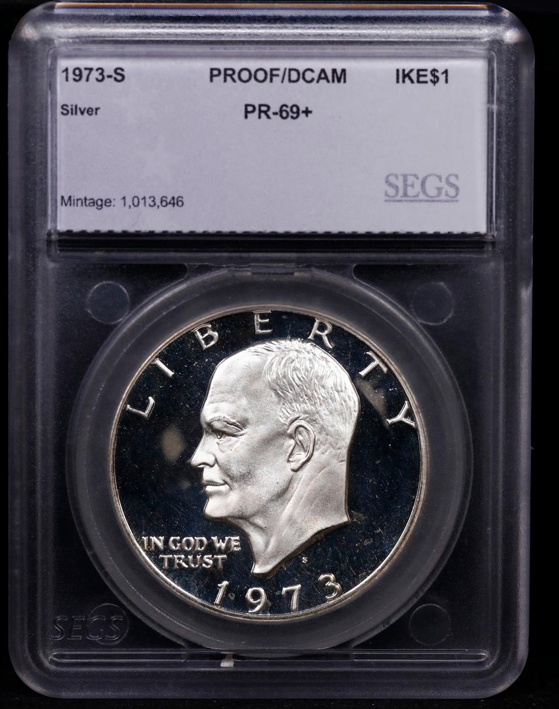 Proof ***Auction Highlight*** 1973-s Silver Eisenhower Dollar 1 Graded pr69+ dcam By SEGS (fc)