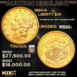 ***Auction Highlight*** 1864-s Gold Liberty Double Eagle $20 Graded ms61+ By SEGS (fc)