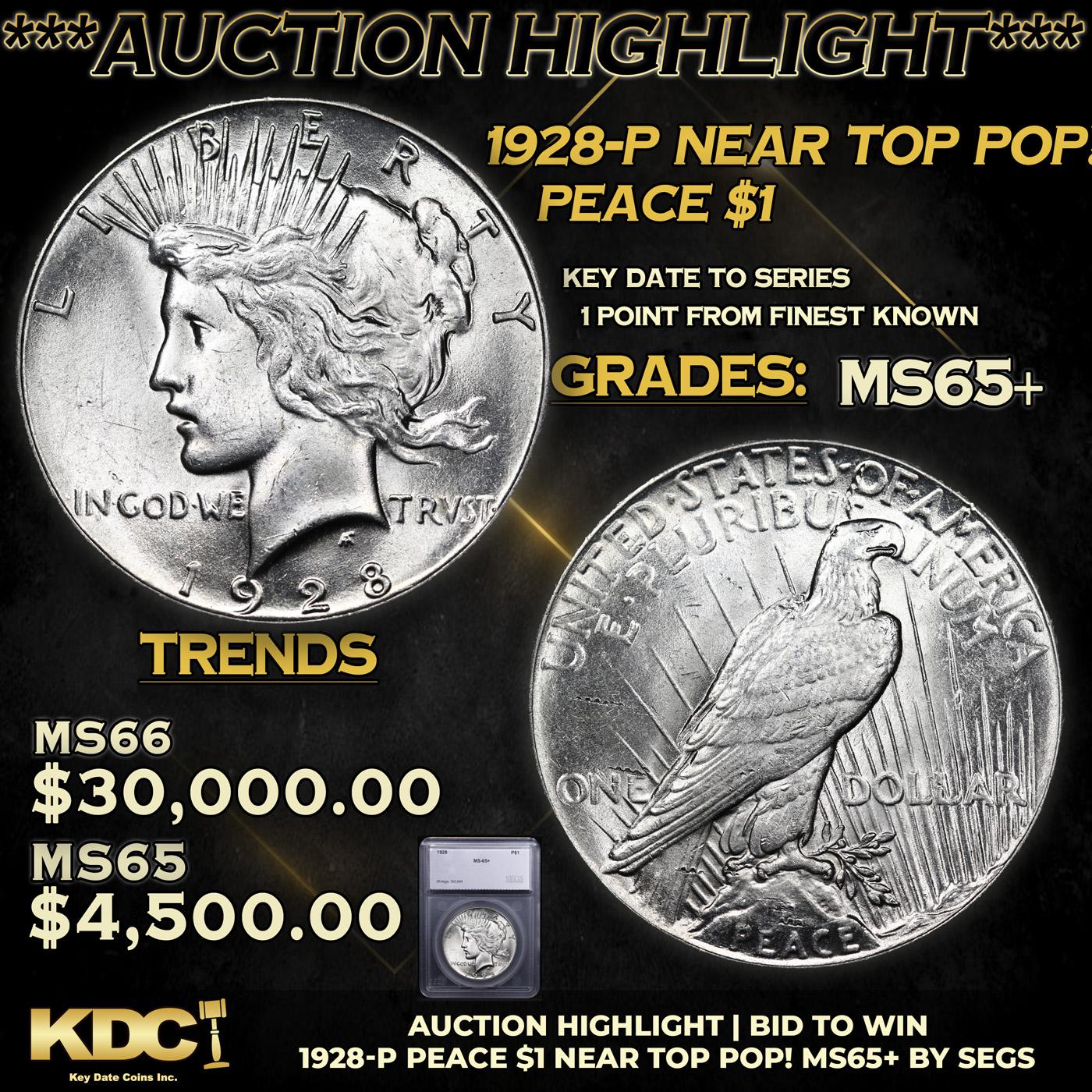 ***Auction Highlight*** 1928-p Peace Dollar Near Top Pop! $1 Graded ms65+ BY SEGS (fc)