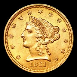 ***Auction Highlight*** 1861 New Reverse Gold Liberty Quarter Eagle $2 1/2 Graded ms64+ By SEGS (fc)