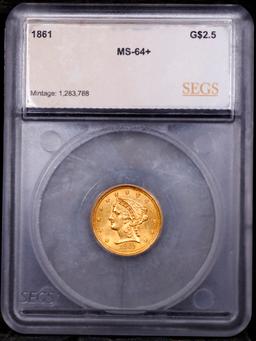 ***Auction Highlight*** 1861 New Reverse Gold Liberty Quarter Eagle $2 1/2 Graded ms64+ By SEGS (fc)