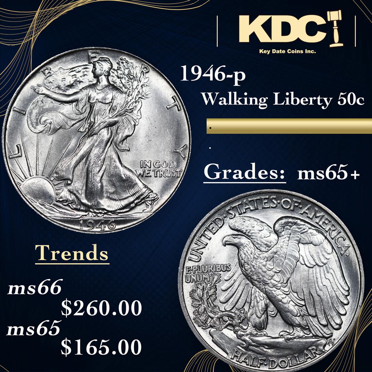 1946-p Walking Liberty Half Dollar 50c Grades GEM+ Unc