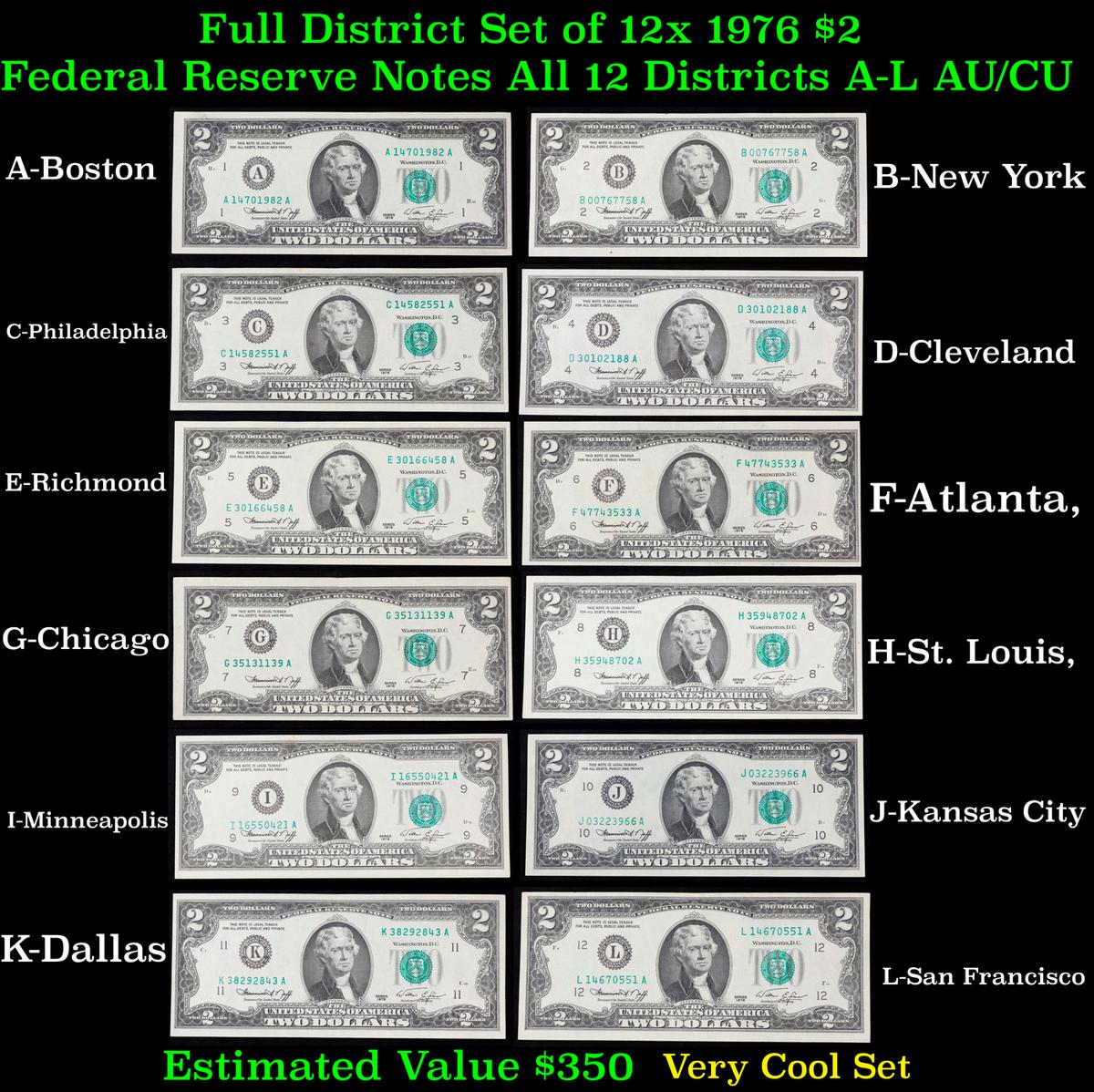 Full District Set of 12x 1976 $2 Federal Reserve Notes All 12 Districts A-L AU/CU