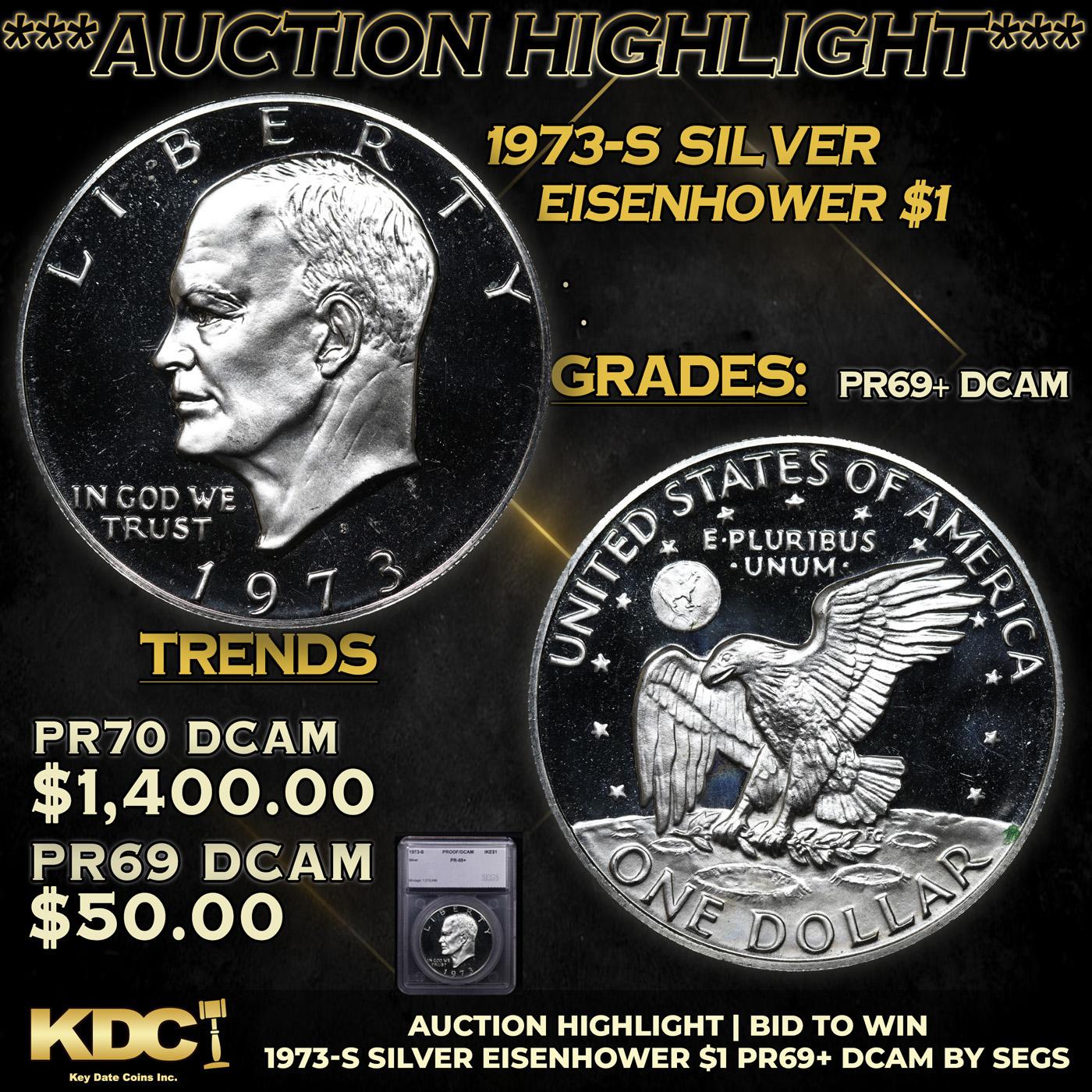 Proof ***Auction Highlight*** 1973-s Silver Eisenhower Dollar 1 Graded pr69+ dcam By SEGS (fc)