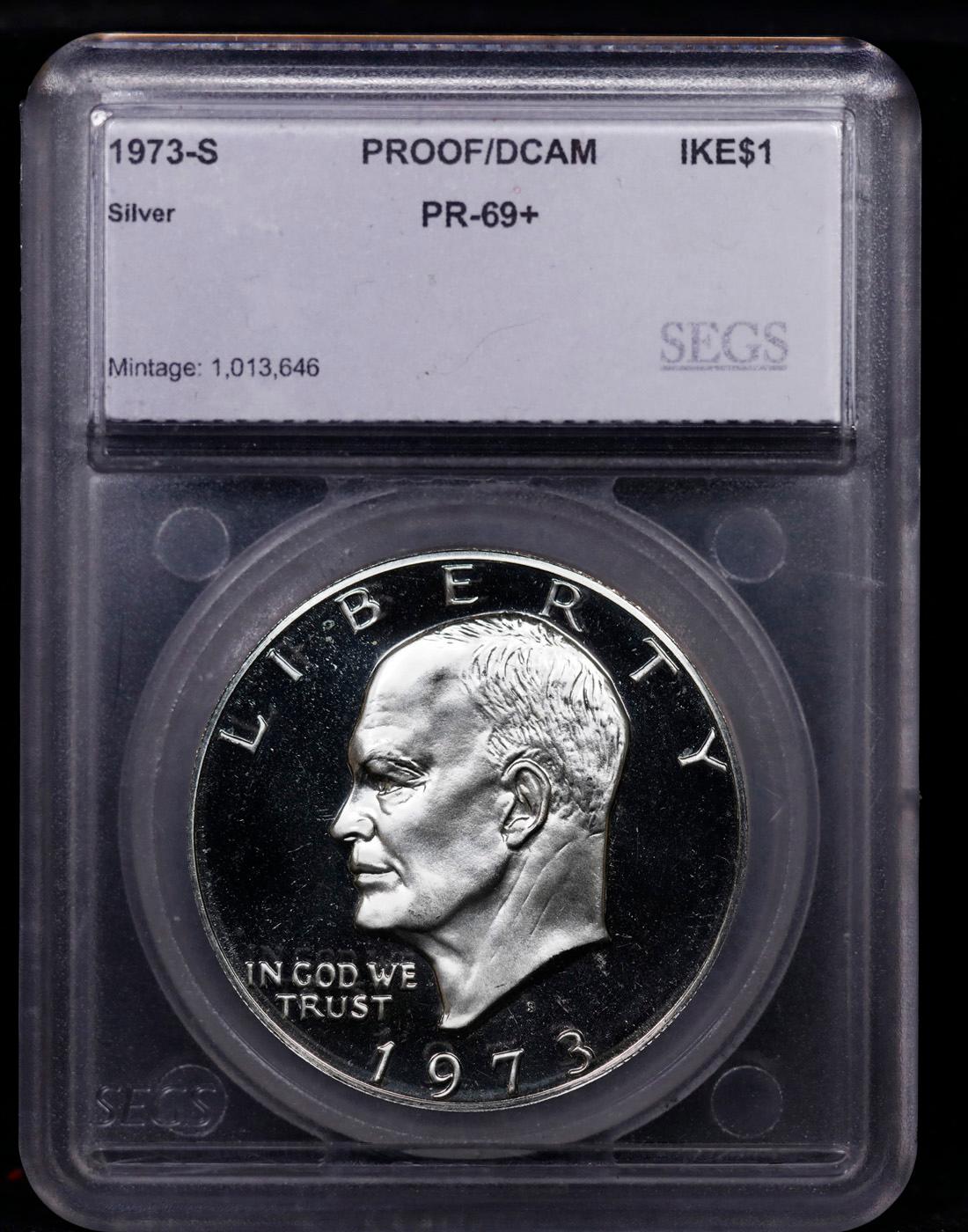 Proof ***Auction Highlight*** 1973-s Silver Eisenhower Dollar 1 Graded pr69+ dcam By SEGS (fc)