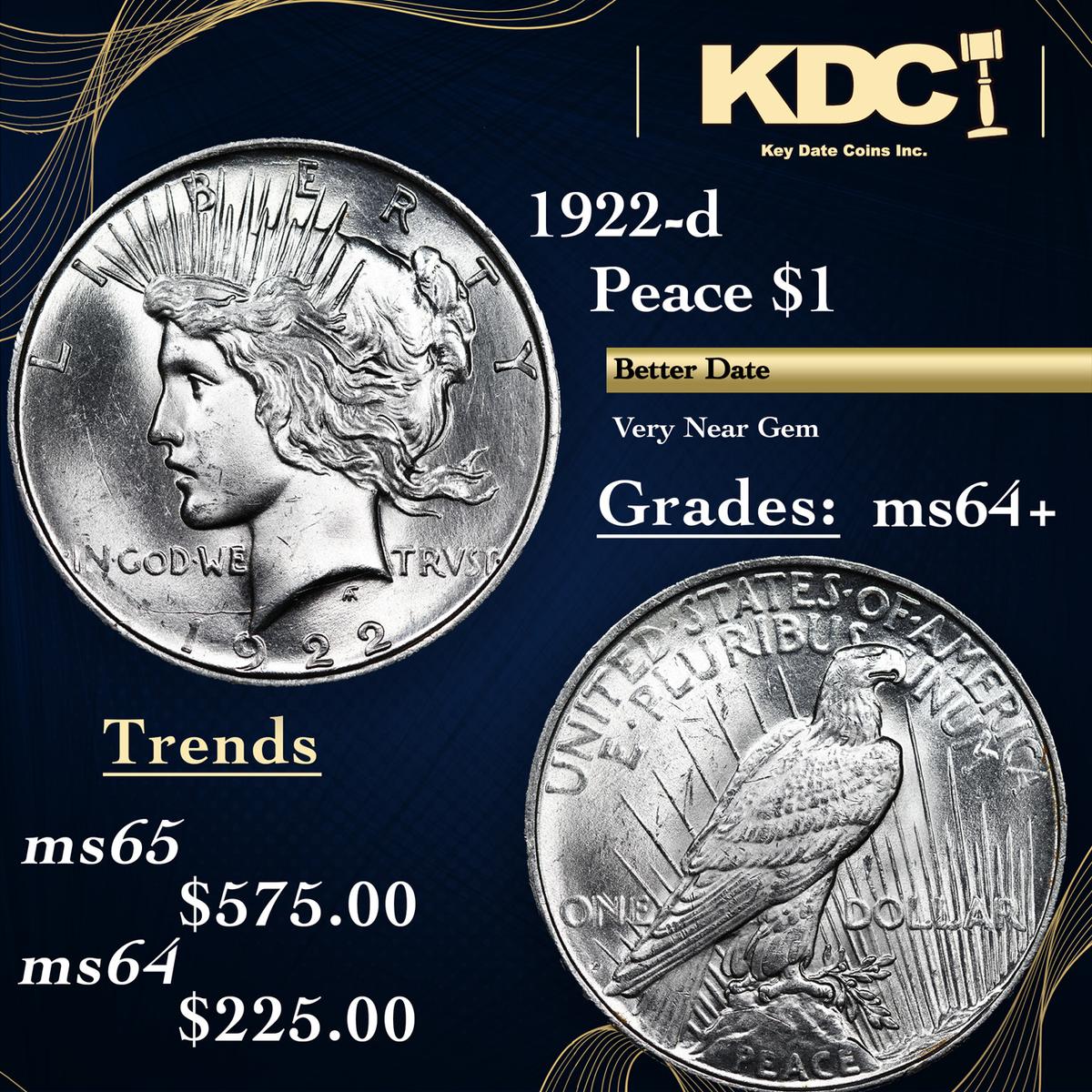 1922-d Peace Dollar $1 Grades Choice+ Unc