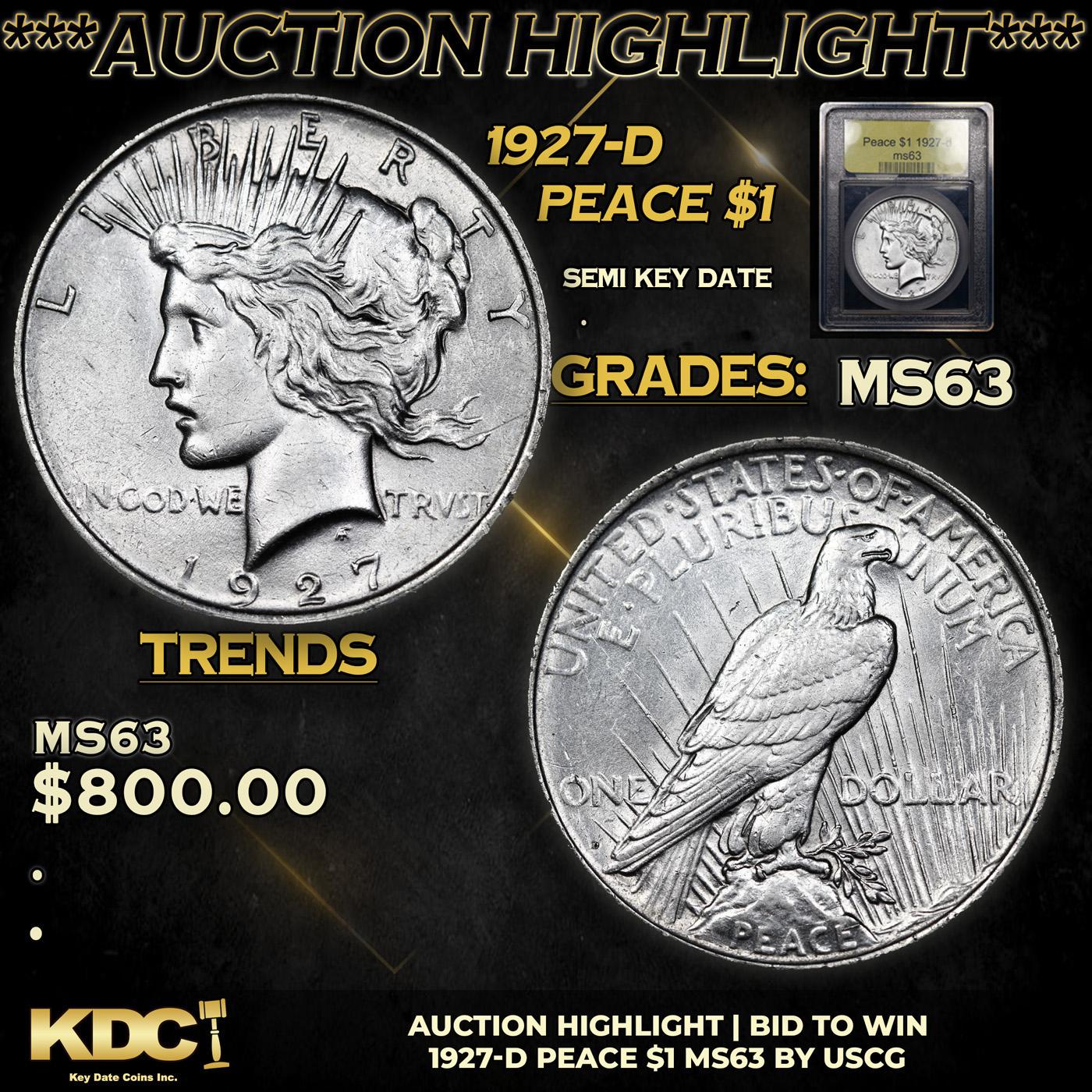 ***Auction Highlight*** 1927-d Peace Dollar 1 Graded Select Unc By USCG (fc)