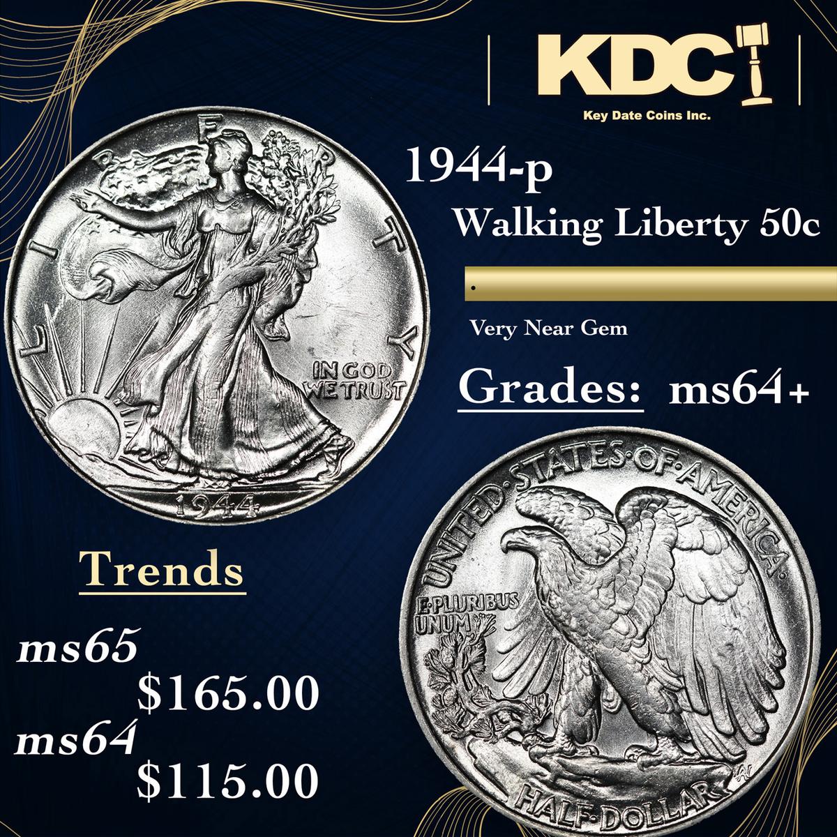 1944-p Walking Liberty Half Dollar 50c Grades Choice+ Unc