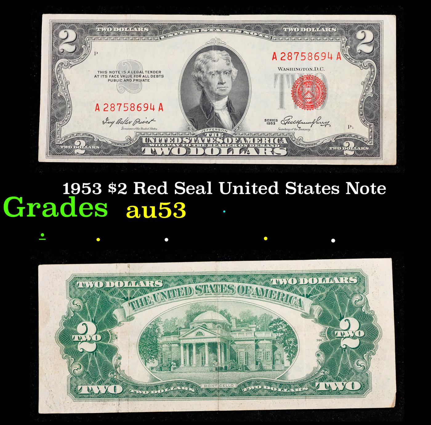 1953 $2 Red Seal United States Note Grades Select AU