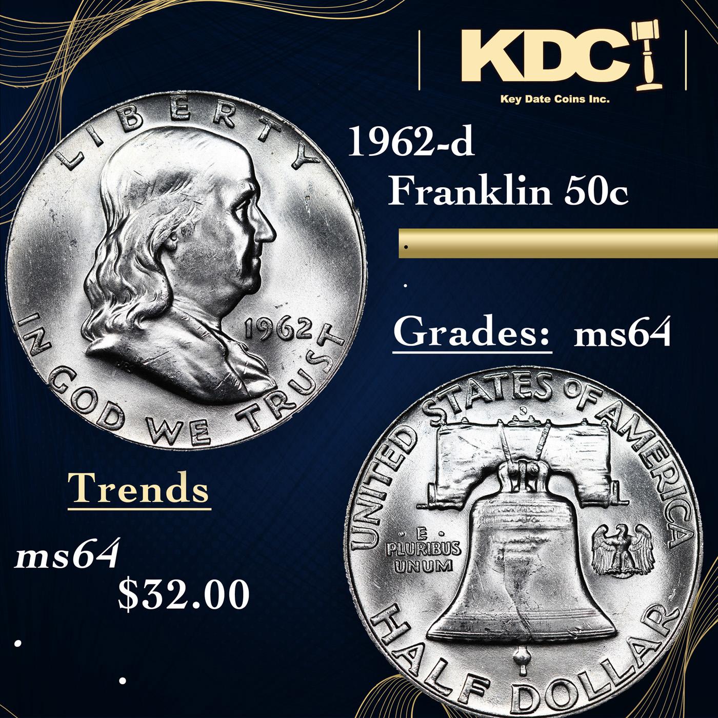 1962-d Franklin Half Dollar 50c Grades Choice Unc