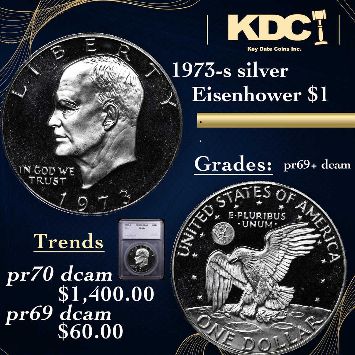 Proof 1973-s silver Eisenhower Dollar $1 Graded pr69+ dcam BY SEGS