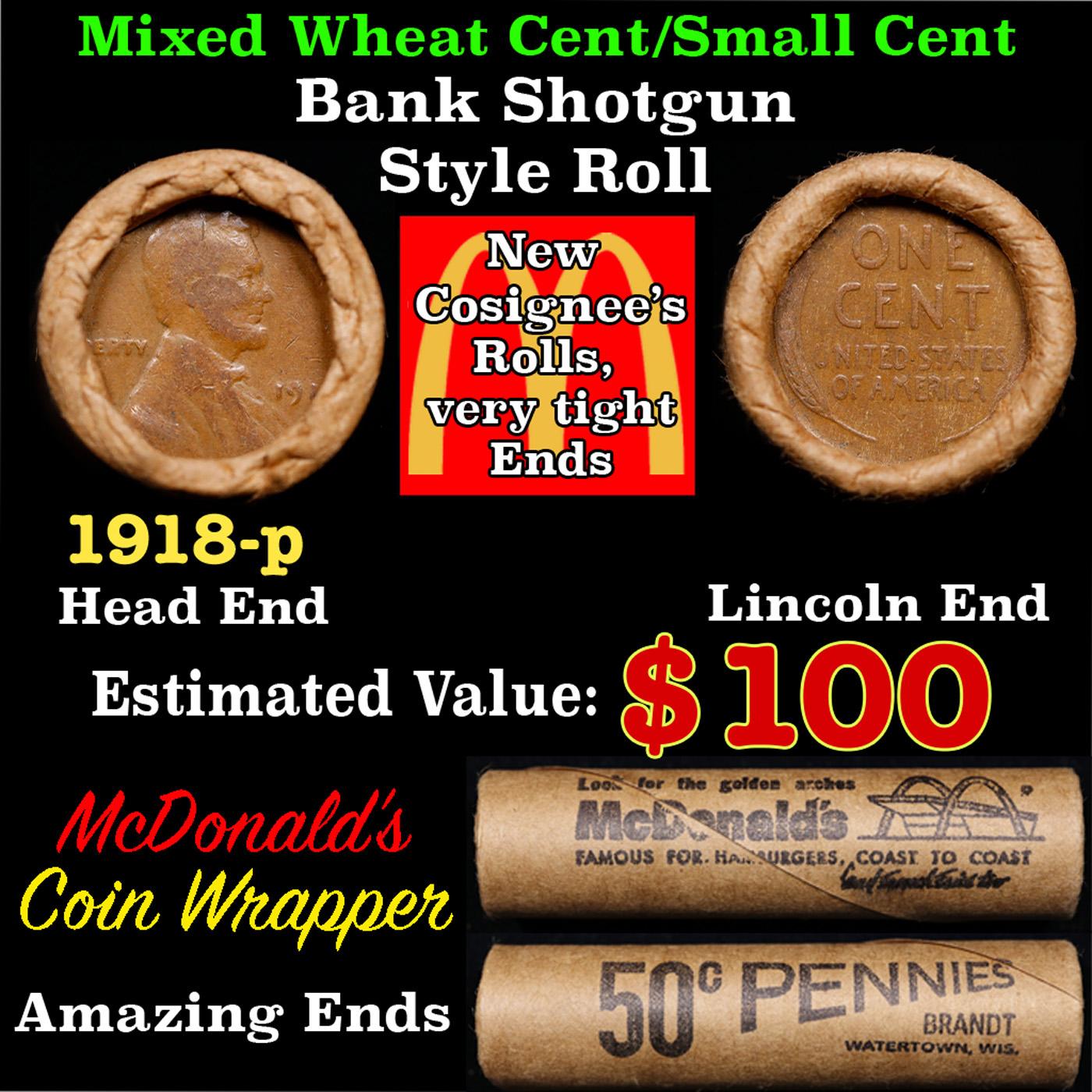 Lincoln Wheat Cent 1c Mixed Roll Orig Brandt McDonalds Wrapper, 1918-p end, Wheat other end