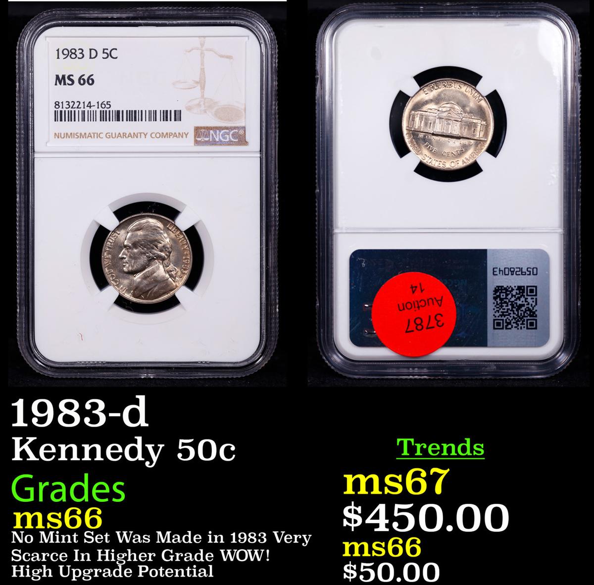 NGC 1983-d Kennedy Half Dollar 50c Graded ms66 By NGC